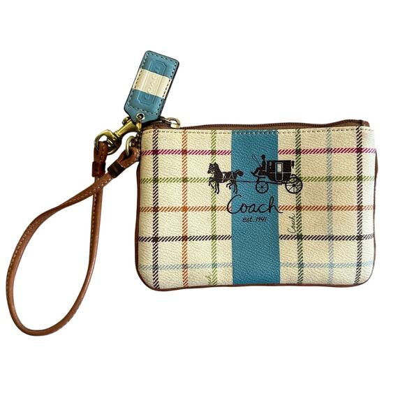 Coach Handbags - COACH 1941 Leather Trim Tattersall Wristlet Bag Cream & Blue Plaid Purse EUC